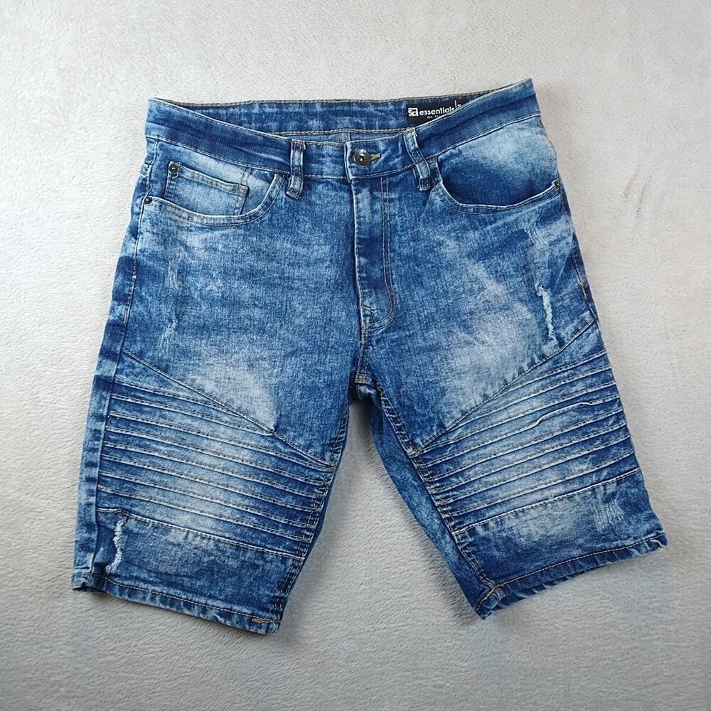 Sp Essentials Men's Slim 32 Moto Style Active Flex Jean Biker Shorts Acid Wash